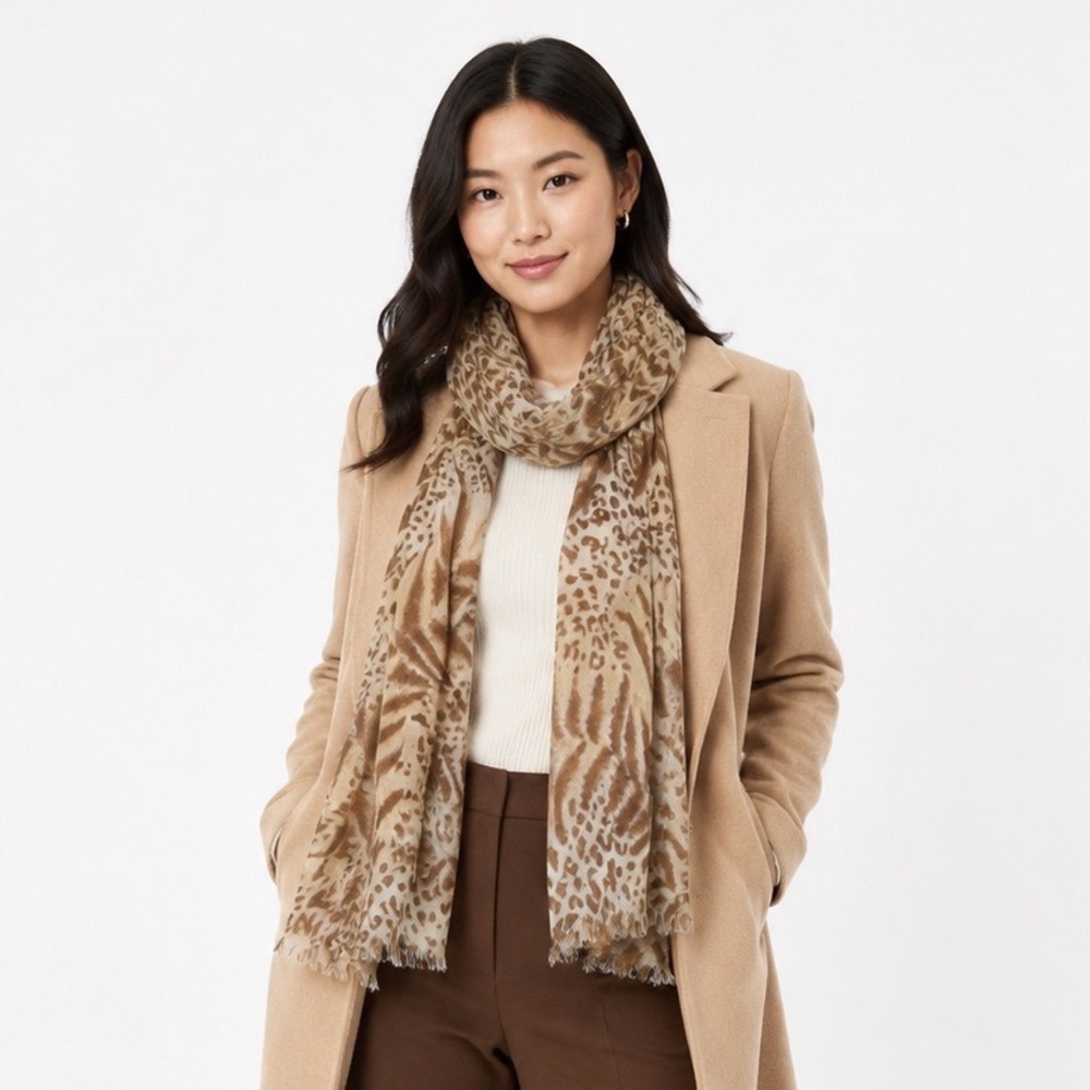 Tan Brown Mixed Animal Print Lightweight Scarf Leopard Tiger Stripe  Chic 115-45